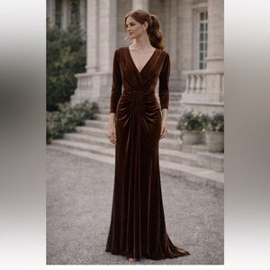 Brown Velvet Long Sleeve ruched v-neck long Dress gown special occasion sz 8